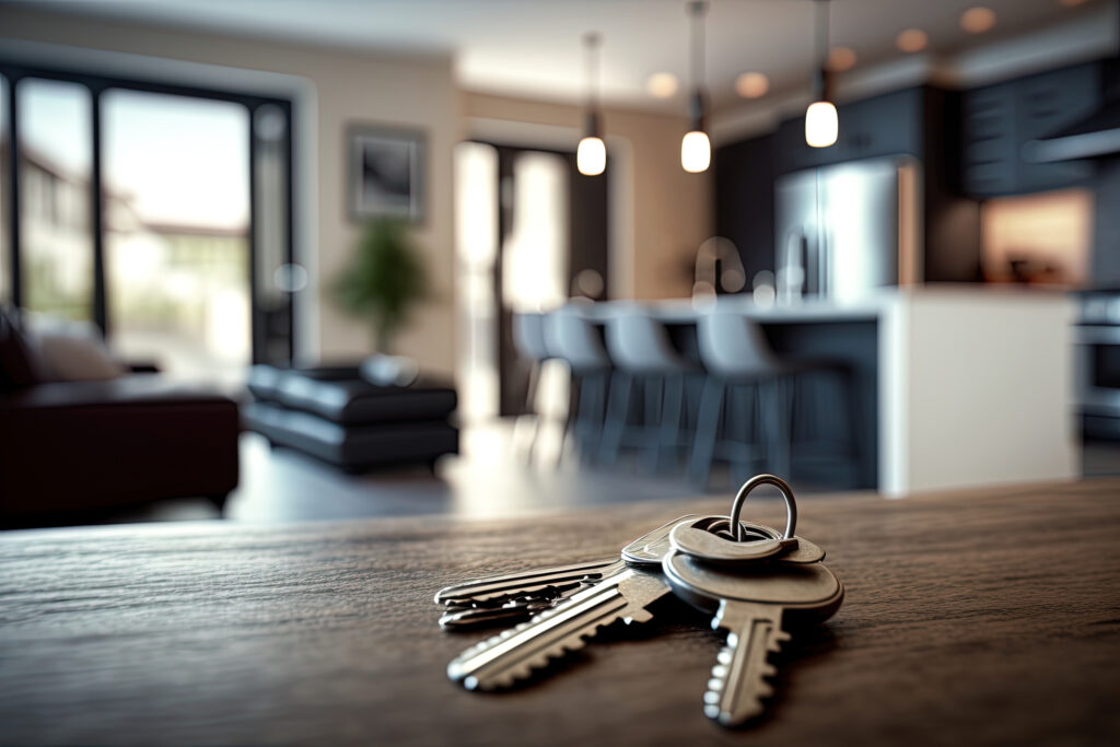 Mortgage concept. Keys on background new modern apartment or hotel room. Investment, rent, real estate, buying own property